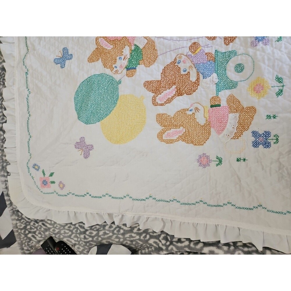 Handmade Baby Blanket Embroidered Cross Stitch Bunnies Ruffled Edge 42" X 33" - Picture 2 of 15